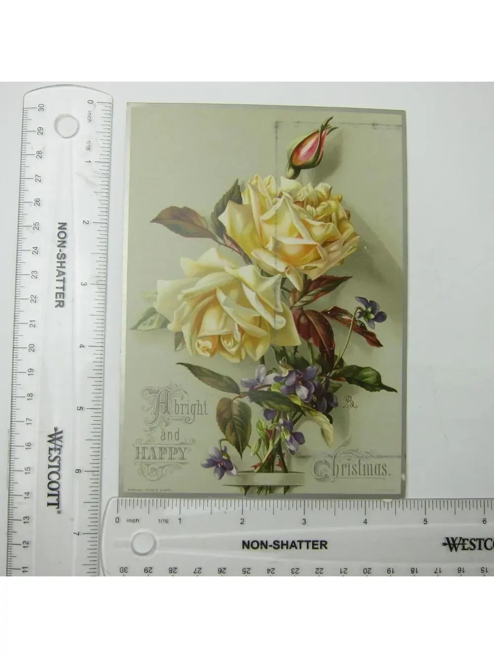 Victorian Christmas Card Yellow Roses Purple Flowers Raphael Tuck & Sons Antique